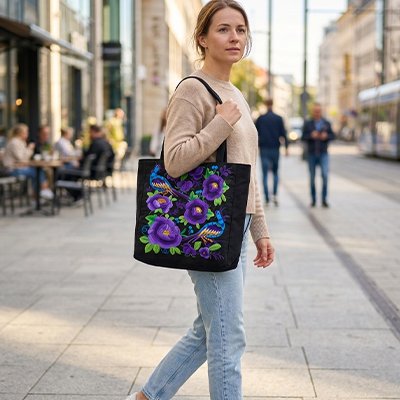 En weekend, une femme se promène avec beach-bag