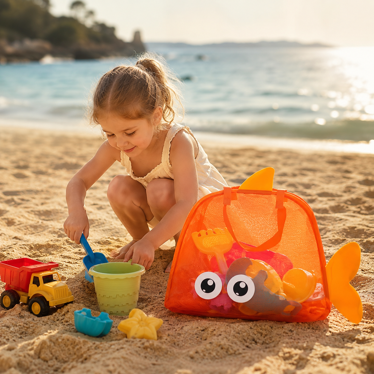 Enfant sur le sable avec cabas de plage orange