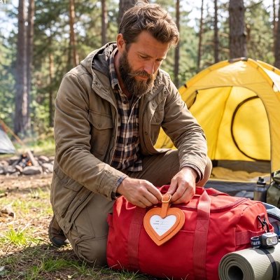 Étiquette bagage Amour de Voyage orange en camping