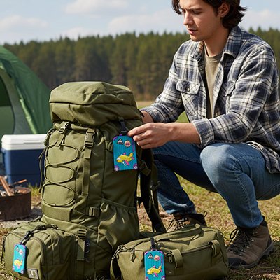 Etiquettes pour bagages color pop bleu sur sac