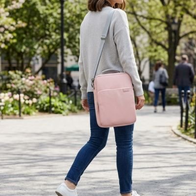 ÉTUDIANTE MARCHE AVEC SAC FEMME BANDOULIERE POUR ORDINATEUR ROSE