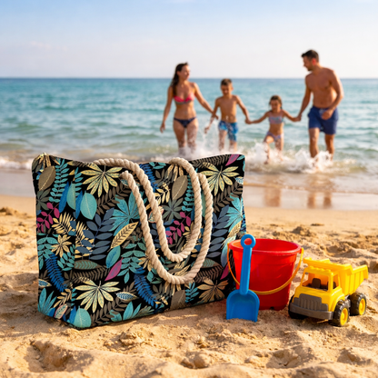 Famille en bord de mer avec sac cabas plage et jouets enfant