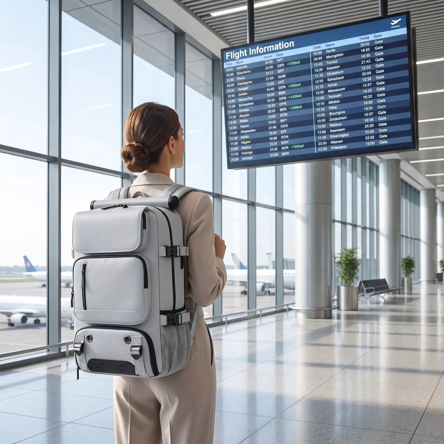 Femme à Aéroport avec Sac à Dos de Voyage Gris
