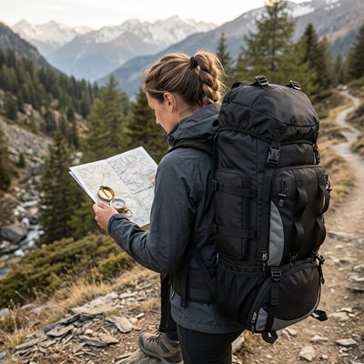 Femme analyse une carte avec sac à dos de randonnée noir