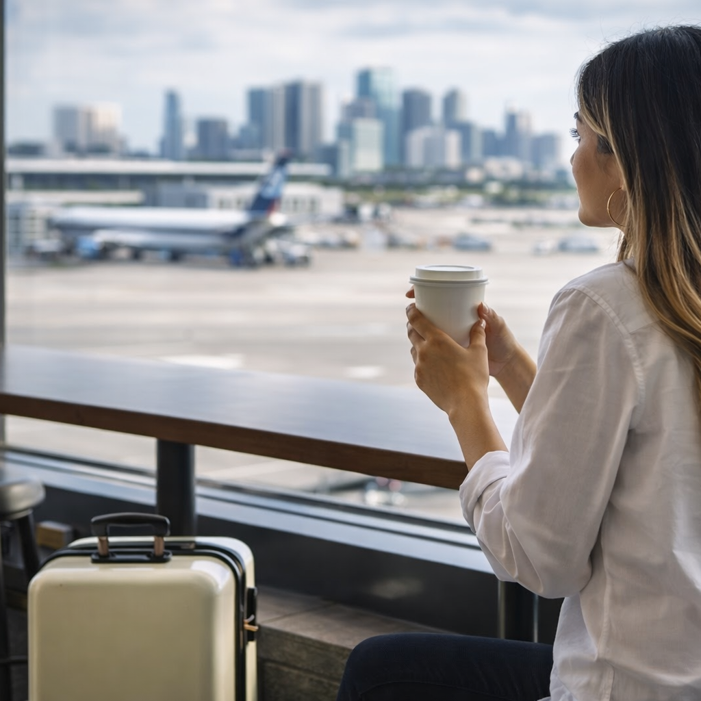 femme assise à l’aéroport avec café regardant les avions avec petite valise dimension Ryanair cabine près de la fenêtre