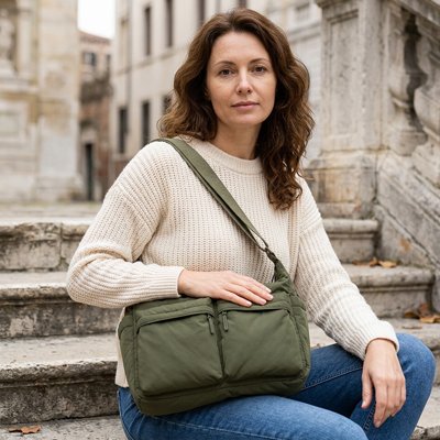 Femme assise visitant des ruines à Rome, portant un sac bandoulière vert