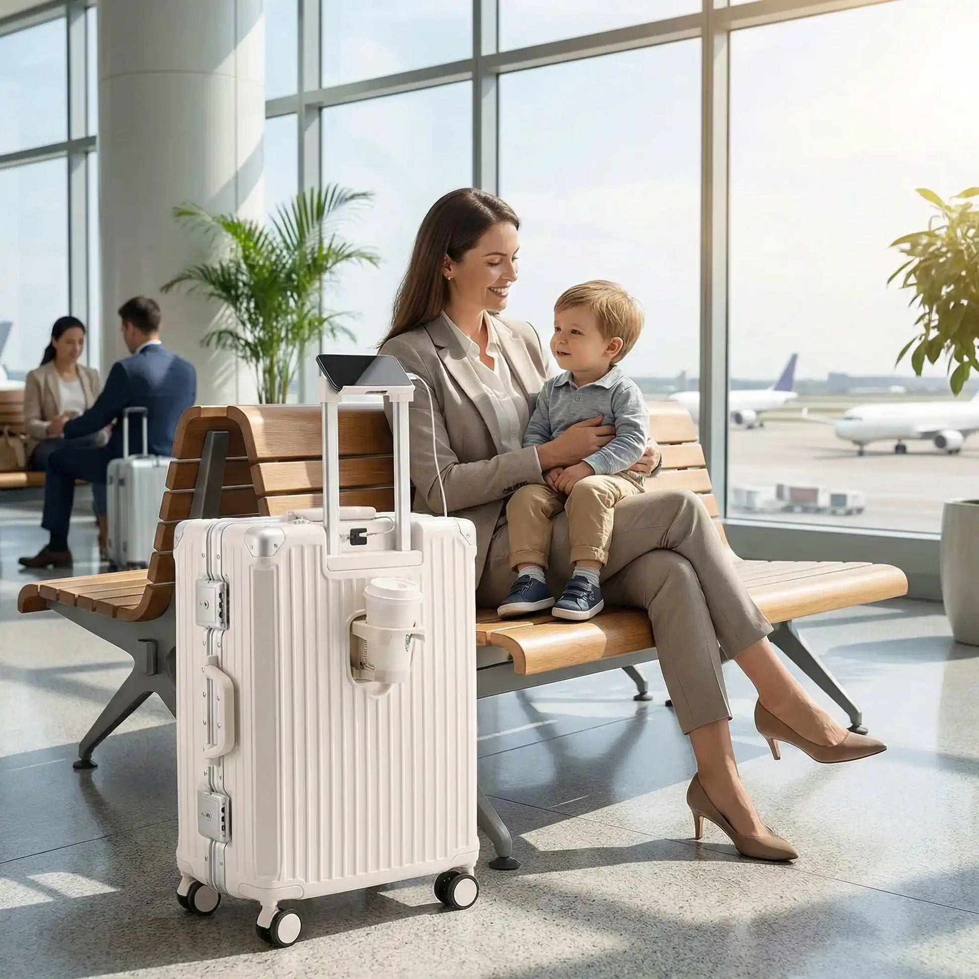 Femme avec un enfant sur les genoux à l’aéroport, accompagnée de sa petite valise rigide cabine beige