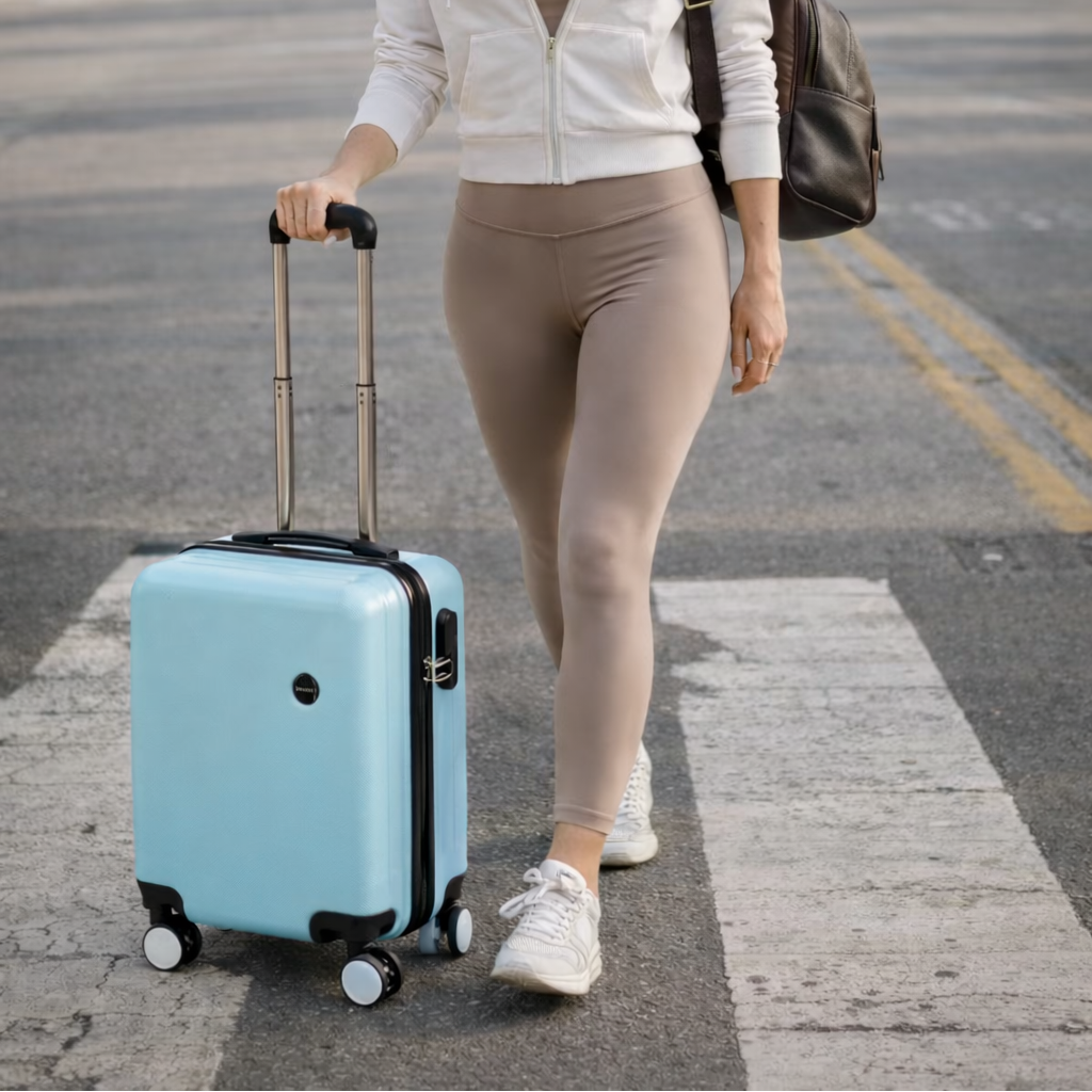 femme avec lunettes de soleil tenant une petite valise dimension Ryanair bleue en milieu urbain
