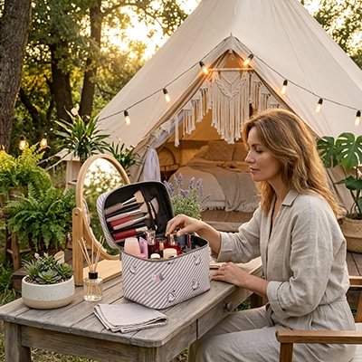 Femme avec Trousse de toilette de voyage Glamping Cygne