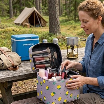 Femme avec Trousse de toilette de voyage Glamping