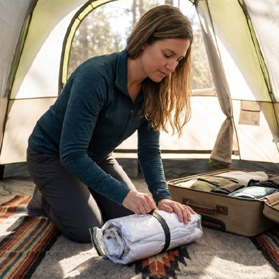 Femme compresse dans le sac sous vide les draps utilisés en camping suite à un beau weekend en forêt