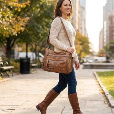 Femme dans un décor new-yorkais, portant un sac bandoulière effet cuir véritable marron. 
