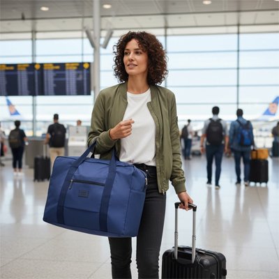 Femme décontractée de profil, portant un sac de voyage compact à l’aéroport.