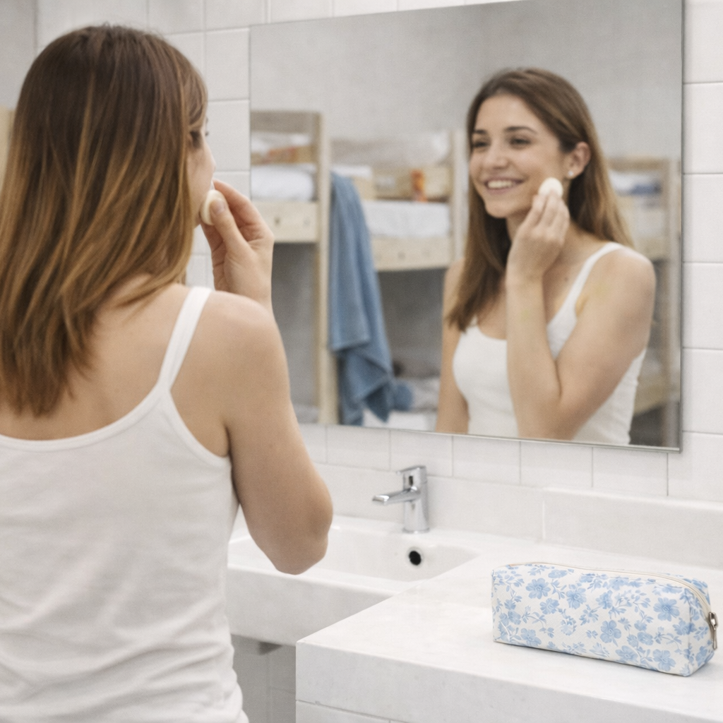 Femme devant un miroir se démaquillant, organisateur de maquillage fleuri à ses côtés dans une auberge de jeunesse