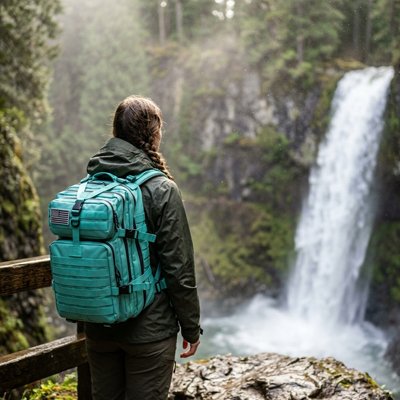 Femme devant une chute avec Sac à dos randonnée femme