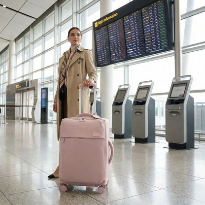 Femme élégante à l’aéroport avec une valise souple cabine, pour un voyage d’affaires