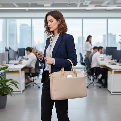Femme élégante arrive au bureau cellulaire à la main et pc bien protégé dans le sac ordinateur femme kaki