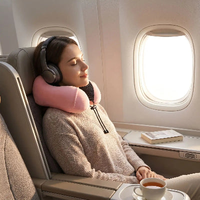 femme en avion avec Oreiller voyage LuxeSoft
