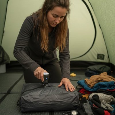 femme en camping a l interieur d une tente utilisant un sac sous vide voyage pour compresser des vetements et optimiser l espace de rangement 