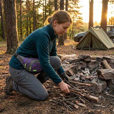 Femme en camping allumant feu avec sac banane parfait pour aventure