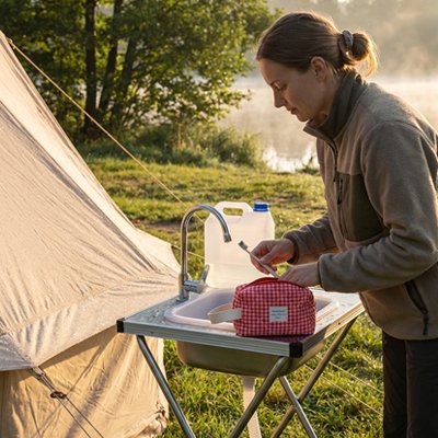 Femme en camping range sa brosse à dents dans une petite trousse de toilette 
