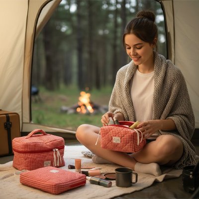 Femme assise dans tente range ses essentiels dans une trousse de toilette moyenne