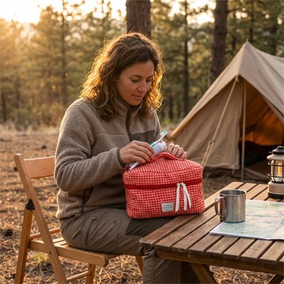 Femme en camping range ses essentiels dans une trousse de toilette rouge 