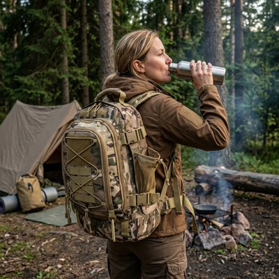 Femme en camping Sac à dos voyage style camouflage