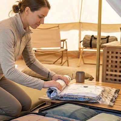 Femme en camping, suite à un beau weekend en famille, elle finalise le rangement des vêtements dans le sac sous vide 