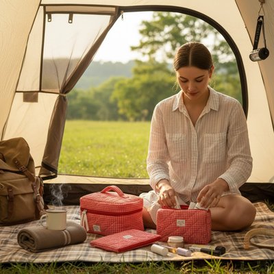 Femme en camping tient la moyenne trousse de toilette 