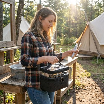 Femme en camping utilise grande trousse de toilette noire 