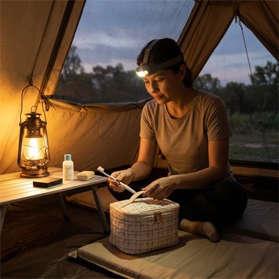 Femme en camping utilise une trousse de toilette femme pour ranger ses essentiels