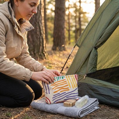 Femme en camping utilise une trousse de toilette pour organiser ses essentiels