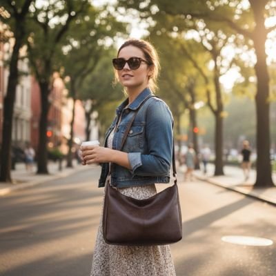 Femme en promenade automnale avec son sac à main femme bandoulière marron style urbain élégant pratique confortable idéal pour un look tendance