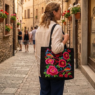 Femme en promenade urbaine avec sac beach bag décoration rouge