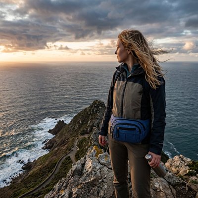 Femme en randonnée sur le bord de falaise avec sac banane pour voyage