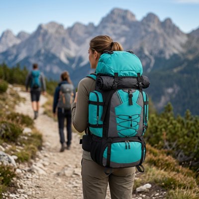 Femme en sentier avec sac à dos de randonnée housse bleu