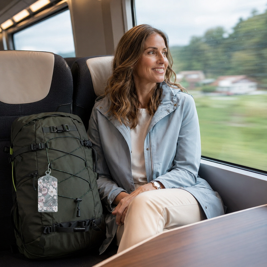 Femme en train avec étiquette pour valise gris et rose