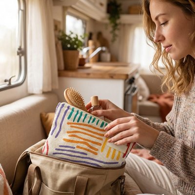 Femme en van life utilise une trousse de toilette 