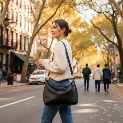 Femme en ville avec sac à main femme bandoulière style urbain élégant pratique confortable idéal quotidien look moderne tendance