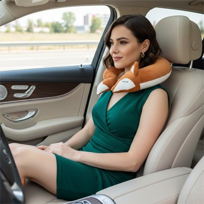Femme en voiture avec Oreiller de voyage Renard-doux