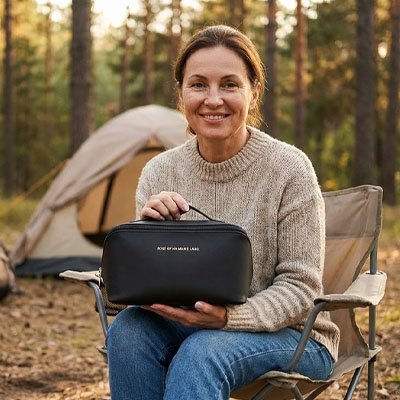 Femme en weekend au camping présente sa trousse de maquillage Zen pratique qui loge tout son nécessaire beauté et douche 