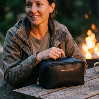 Femme en weekend au camping sur le bord du feu avec trousse de maquillage Zen pratique qui range tout son nécessaire beauté et douche 