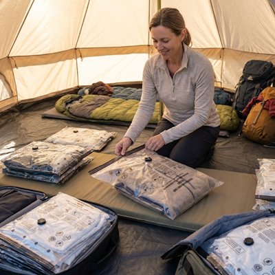 Femme finalise le dernier sac sous vide suite a un long séjour en tente à la campagne