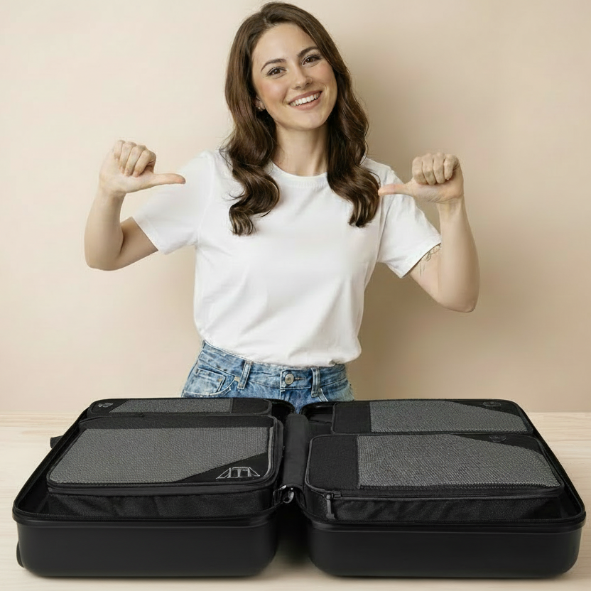 femme heureuse sac de rangement pour valise ZenVoyage Organizer noir une fois zippe avec vetement valise prete