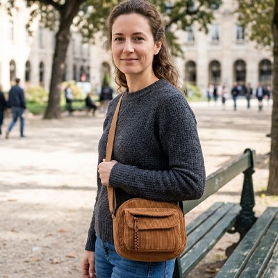 Femme marchant dans un parc, portant un sac bandoulière femme marron