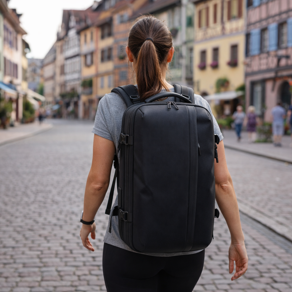 Femme marchant dans un village européen avec un sac à dos de voyage cabine à compression, noir, vue arrière