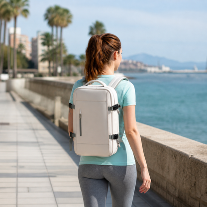 Femme qui marche à Malaga avec un sac à dos pour bagage cabine