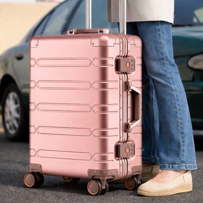 Femme marchant dans le stationnement de l’aéroport avec sa valise trolley rose gold sur ses quatre roues rotatives