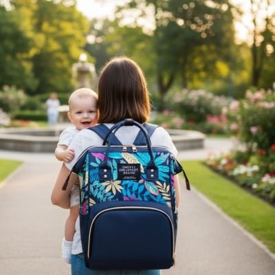 Femme marche dans une allée un grand parc avec bébé souriant et le sac de voyage à dos pour bébé